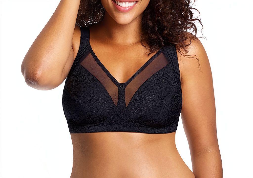 Installation du Soutien-gorge Just My Size sans fil confortable femme sur un mannequin en tenue de bureau