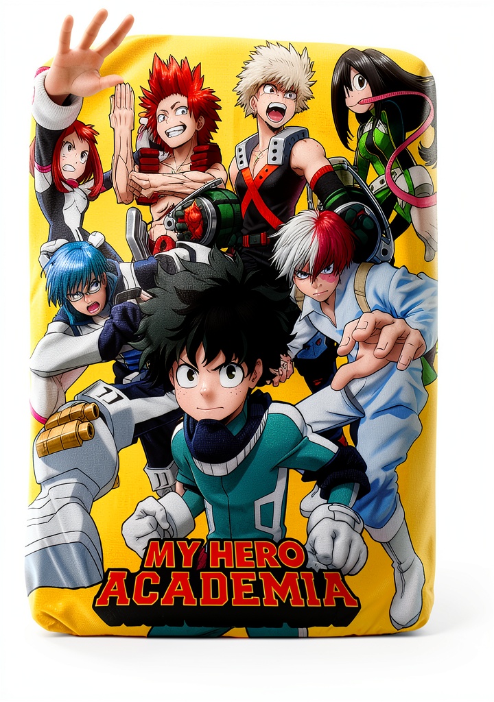 Couverture My Hero Academia polaire multicolore déployée sur un canapé moderne